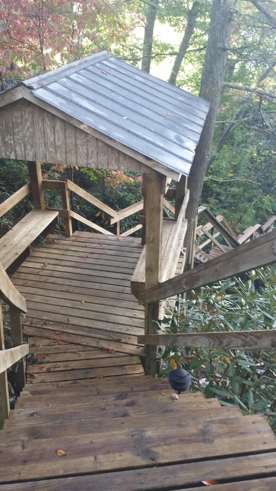 Metal roofed shelter over wooden steps on a wooded walkway — Skylight Repair & Installation work by our crew in Autryville